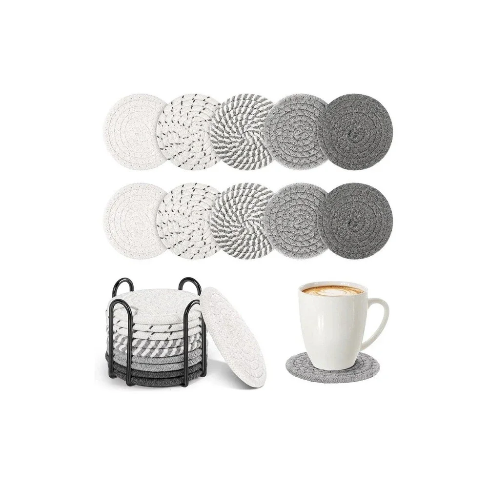 Boho Woven Cotton Coasters with Holder 10 Pack Absorbent Farmhouse Cup Mats